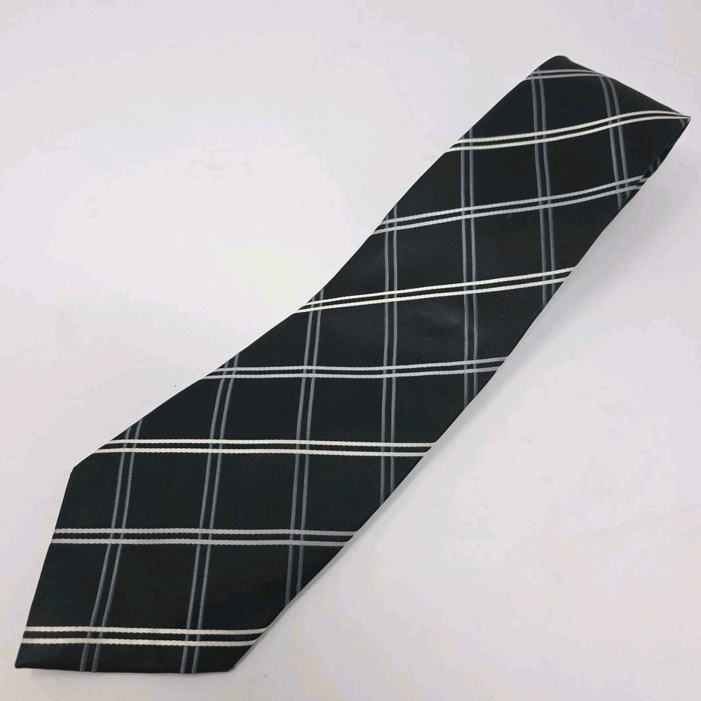 Donald J. Trump Signature Collection Tie Mens Black Silver Silk Check Handmade